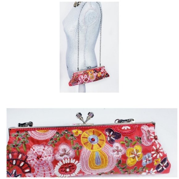 SOLD☆ Beaded Floral Boho Red Clutch Shoulder Bag - Picture 2 of 9